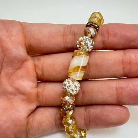 Gemstone Yellow Glass Bead White Crystal Rondel Stretch Bracelet Fashion One SZ - Picture 7 of 10